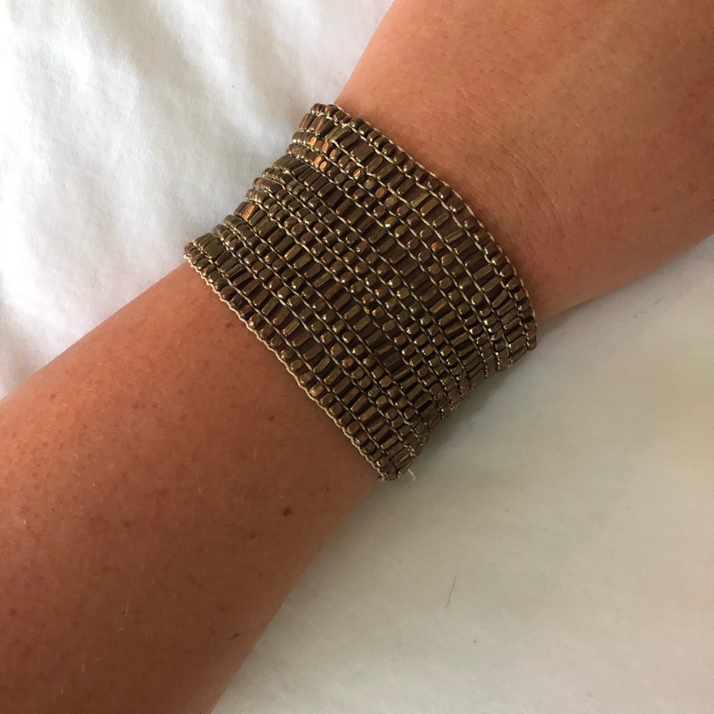 Bronze beaded elastic cuff bracelet
